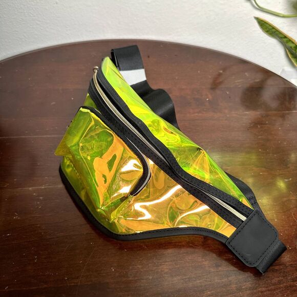 Lancome Neon Yellow Holographic Fanny Pack Festival Belt Bag 11"x6" Adjustable - Picture 2 of 5